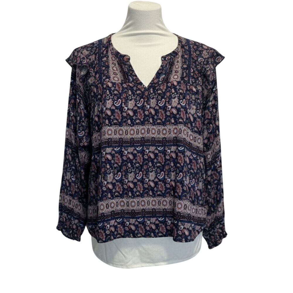 Wonderly Boho Paisley Ruffle Long Sleeve Blouse Blue Plus Size 3X Cottagecore